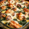 Creamy chicken spinach and mushroom low carb bake with melted cheese