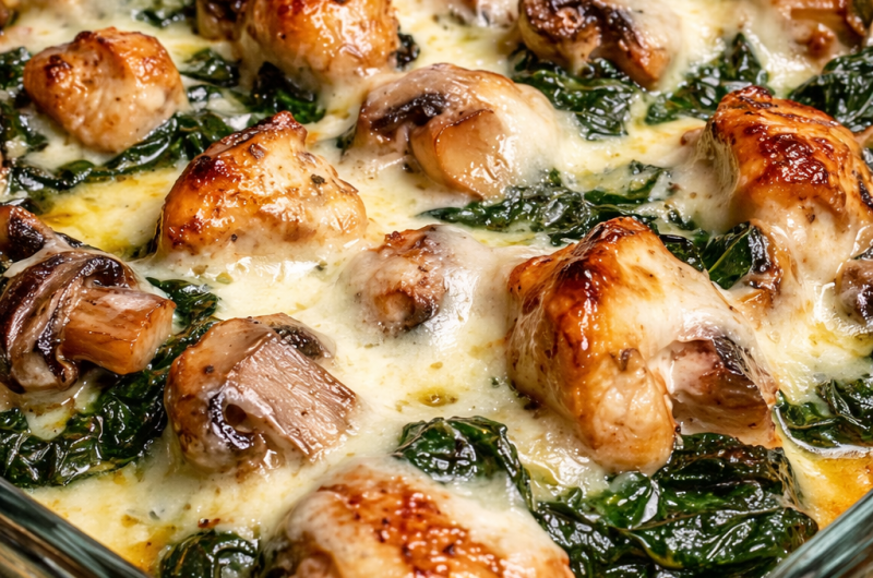 Creamy chicken spinach and mushroom low carb bake with melted cheese