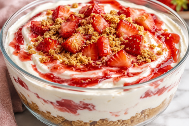 No-Bake Strawberry Cheesecake Bowl topped with fresh strawberries, strawberry sauce, and graham cracker crumbs.
