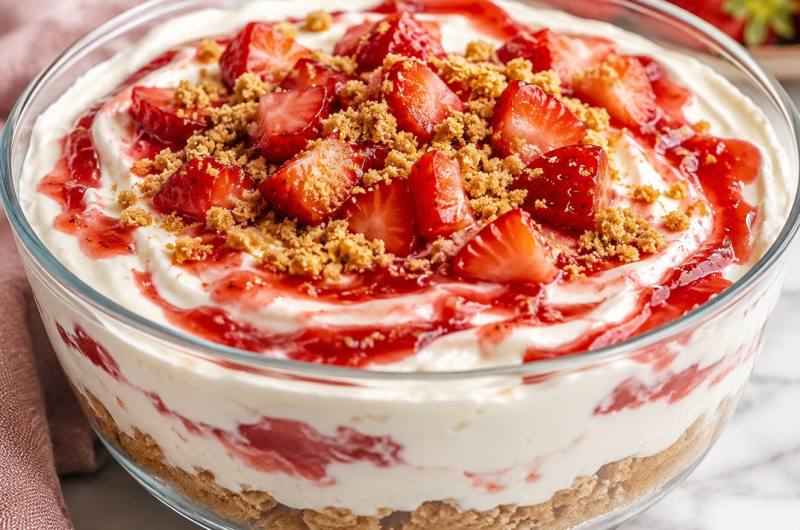 No-Bake Strawberry Cheesecake Bowl topped with fresh strawberries, strawberry sauce, and graham cracker crumbs.